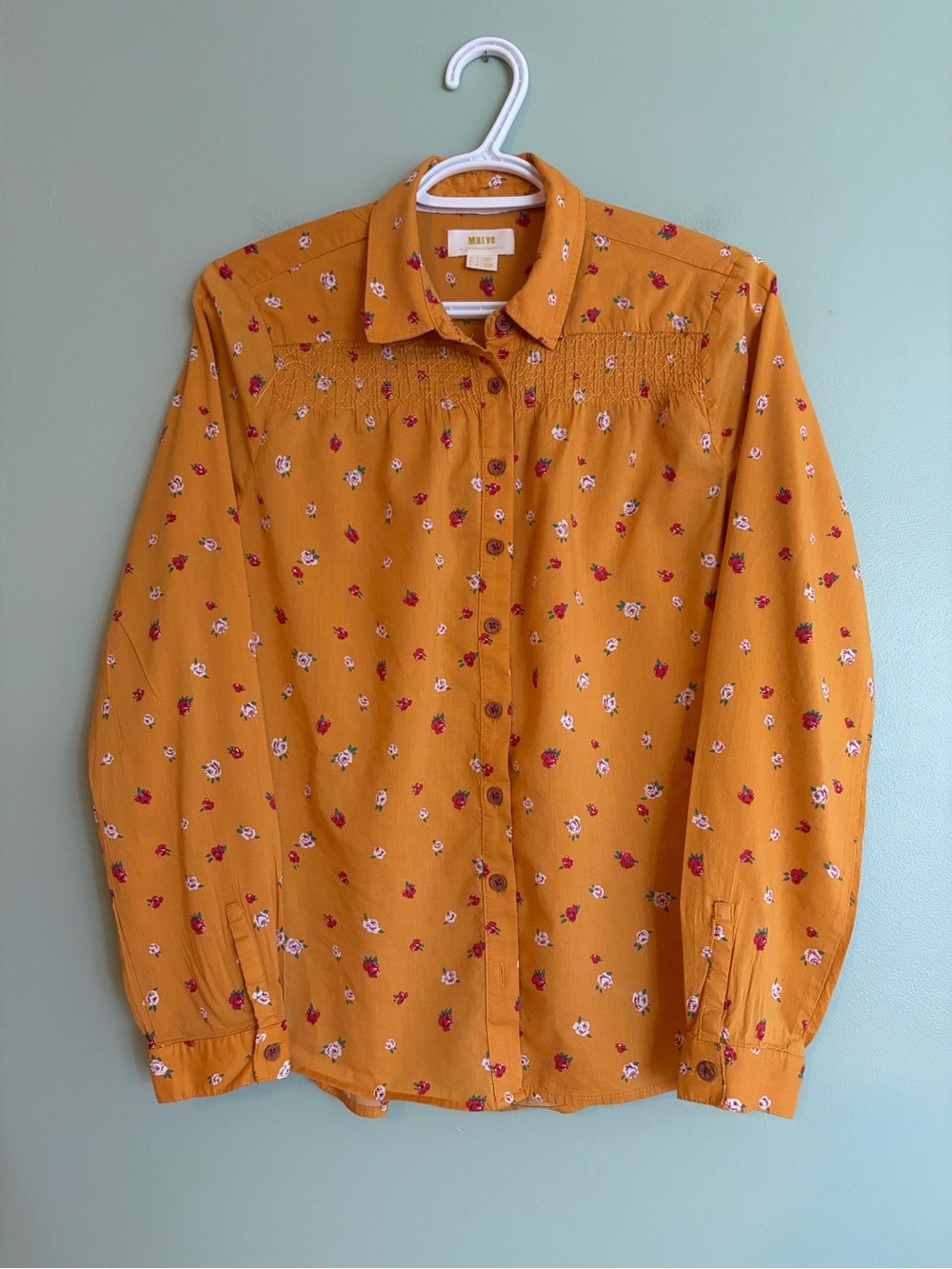 Anthropologie Maeve Floral Button Down Shirt 4 Mustard Yellow Boho Cottagecore